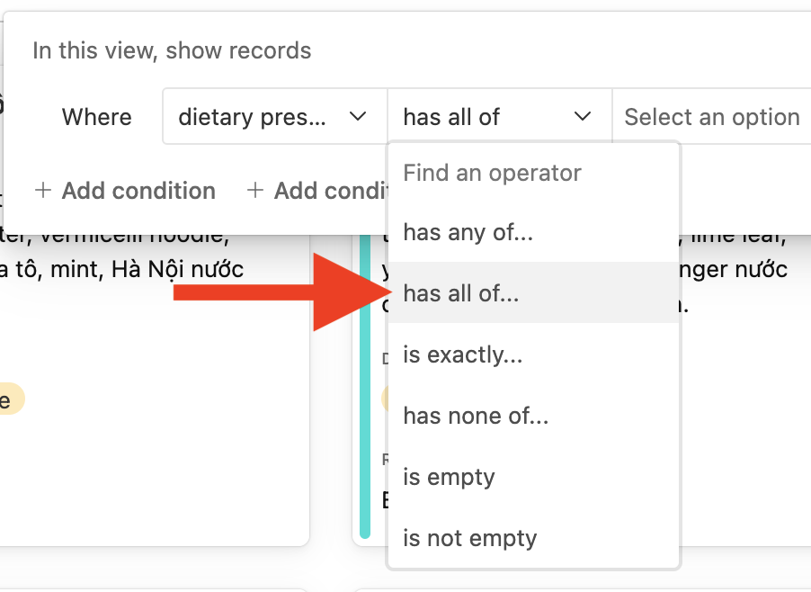 Cropped screenshot of the 'Lettuce Eat' filtering platform, with the search filter dialogue open, with a dropdown of all the operation options and a red arrow pointing to the option that says 'has all of'